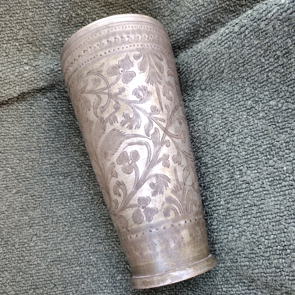Antique High Zinc Content Brass Engraved Cup/Vase